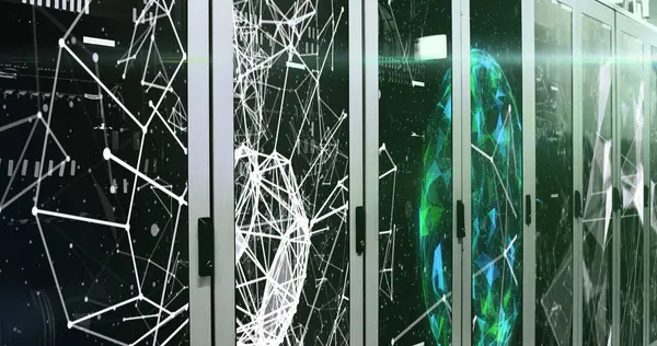 Veri merkezinde ışıklandırılmış ağ şablonları ve LED 'ler içeren sunucu rafı kapısı gösteriliyor. Teknoloji, veri, siber güvenlik, modern, yenilik, dijital, bağlantı