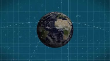 3D Dünya küresi, bilimsel formülleri ve devre çizimlerini gösteren mavi şebeke zemininde dönüyor. Teknoloji, yenilik, eğitim, bilim, araştırma, mühendislik, dijital