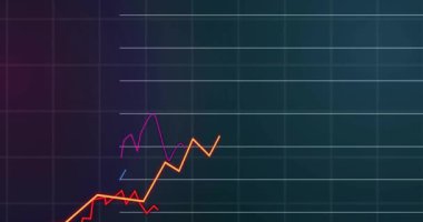Üstüste binen turuncu, kırmızı, mavi, morumsu çizgi grafikleri koyu renk ızgarada, gri noktalı çubuklar üzerinde gösteriliyor. Analizler, veri görselleştirme, gösterge paneli, finans, teknoloji, grafikler, ilerleme