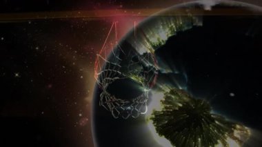 Parlayan nebula tarafından çerçevelenmiş karanlık gezegen küresi önünde beyaz ağ ile sürüklenen kırmızı basketbol çemberi. Astronomi, uzay sanatı, kozmik, bilim kurgu, gerçeküstü, fütüristik, nebula