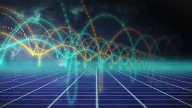 Neon noktalı dalga yayları yansıtıcı şebeke zemininde akıyor ve geleceksel veri görselleştirmesi yaratıyor. Fütürist, dijital, neon, soyut, görselleştirme, siber, teknoloji