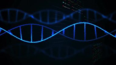 Parlayan 3D mavi DNA sarmalı, yüzen veri noktaları ve etiketleri gösteren şebeke zemininde kıvrılıyor. Futuristik, biyoteknoloji, veri görselleştirme, dijital sanat, bilimsel, teknoloji, yenilik
