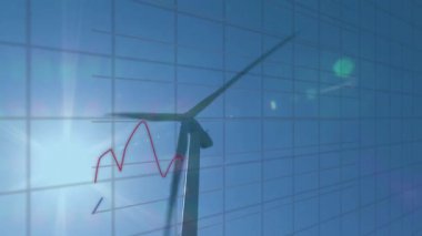 Rüzgar türbini verileri şeffaf ızgara sahnesinde görüntüleniyor, kırmızı ve mavi çizelgeleri gösteriyor. Yenilenebilir, sürdürülebilirlik, enerji, teknoloji, çevre dostu, fütürist, minimalist