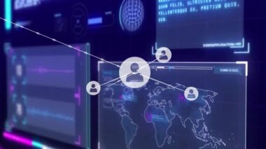 Dünya haritası boyunca neon UI 'ye bağlanan kullanıcı simgelerini gösteren 3D gösterge paneli. Teknoloji, veri görselleştirme, arayüz, ağ, bağlantı, dijital, siber güvenlik
