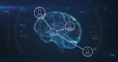 Holografik 3 boyutlu beyin modeli dönüyor ve parlayan mavi, ağ düğümleri UI panelleri etrafında birleşiyor. Fütürist, arayüz, görselleştirme, veri, teknoloji, nörobilim, dijital