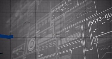 Şebeke üzerindeki panelleri gösteren finansal gösterge paneli, ok etiketli mavi ve deniz mavisi çizgilerini takip ediyor. Teknoloji, analitik, bilgi grafikleri, ekranlar, veriler, kurumsal, tasarım