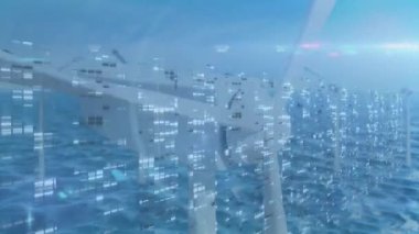 Rüzgar türbini beşiğini ve jiletleri gösteren 3D görüntüleme Sakin deniz üzerinde dönen veriler parlıyor. Yenilenebilir, sürdürülebilirlik, enerji, teknoloji, fütüristik, okyanus, çevre