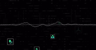 Yatay noktalı dalga formu ekranda veriyi temsil ederken yeşil cyan enerji simgeleri yüzüyor. Dijital arayüz, veri analizi, çevre ikonları, yenilenebilir enerji, bilgi grafiği, geleceksel tasarım, teknoloji grafikleri