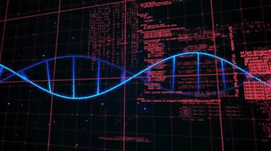 Kırmızı kod parçalarını gösteren düğümlerle karanlık ızgara çizgilerinde parlayan mavi sarmal. Fütürist, dijital, teknoloji, görselleştirme, şematik, veri, soyut