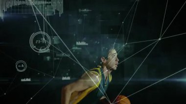 Spor teknolojisi sahnesinde bacağını ve ayakkabısını kaldıran sporcu, ağ çizgileri ve grafikleri gösteriyor. Atletik, fitness, inovasyon, giyilebilir, dijital, hareket, performans