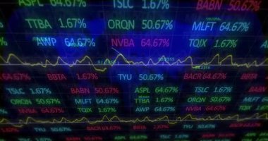 Düz tasarım borsa verileri mavi harita üzerinde renkli saatleri ve dalgalanan grafikleri gösteriyor. Finans, analitik, teknoloji, dijital, yatırım, veri görselleştirme, ekranlar