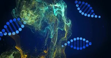 Soyut tuvalde şekillendirilmiş DNA sarmalı, kıvrımlı sarı ve turkuaz parçacıklar. Moleküler, bilim, teknoloji, dijital, geleceksel, araştırma, yenilik