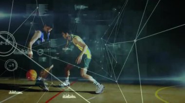 Sahada basketbol oynayan erkekler, spor teknolojisini dijital çizgiler ve bar çizelgeleriyle resmediyorlar. Atletizm, rekabet, performans, yenilik, dijital, spor, eğitim