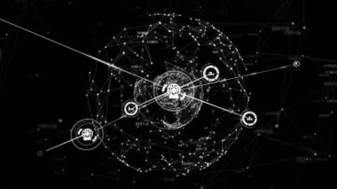 Beyaz noktalar dönen küre içinde birleşiyor, kullanıcı veri simgeleri genişleyen küresel ağ dalları. Teknoloji, bağlantı, görselleştirme, siber alan, yenilik, dijital, ağ