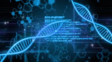 DNA sarmallarının üzerinden kayan, dönen, bölünen ve DNA ayrımını gösteren kod panelleri. Biyoteknoloji, dijital, geleceksel, moleküler, bilim, yenilik, teknoloji