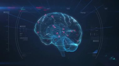 Başlangıçta mavi holografik beyinde beliren kırmızı işaretler ölçümleri gösteriyor. Nöroloji, teknoloji, yenilik, görselleştirme, dijital, analiz, fütüristik