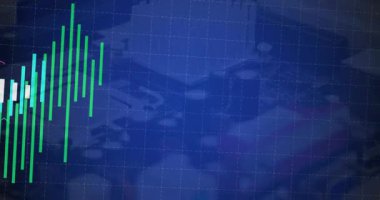 Mavi ızgara şamdan çubuklarını yükseltiyor, sağa kayıyor, kırmızı eğilimi takip ediyor, mavi ortalama çizgiler. Finans, analitik, veri, grafik, teknoloji, yatırım, strateji