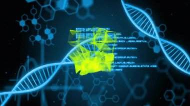 Neon kübün üreme yönleri ağ şeklinde yayılıyor. DNA sarmalının üzerinde kayıyor. Görsel veriler kayboluyor. Teknoloji, dijital, fütüristik, biyomoleküler, soyut, ağ, yenilik