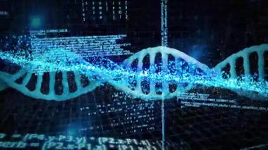 Parlayan mavi parçacıklar, kablo şebekesini süpürerek DNA sarmalını oluşturarak verileri görselleştiriyor. Teknoloji, veri, siber güvenlik, yenilik, dijital, bilim, fütüristik