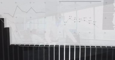 Spor salonunda koşu bandında koşan bir adam, yükseliş üretiyor ve sonra 3 boyutlu çubuk çizgi çizgisi izleme hızını düşürüyor. Fitness, data görselleştirme, sağlık, analiz, hareket, modern, teknoloji