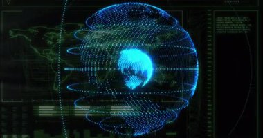 Holografik Dünya dönüyor, soldan yeşil ışık çıkıyor ve analiz için titreşen halkaları tarıyor. Teknoloji, veri görselleştirme, bilim kurgu, dijital arayüz, arayüz tasarımı, fütüristik, analitik