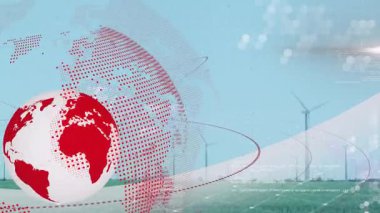 Animasyon dijital kürede dönüşümlü olarak türbin satırlarının arka fonunu aydınlatan Amerika 'yı ortaya çıkarıyor. Teknoloji, sürdürülebilirlik, yenilenebilirlik, yenilik, çevre, enerji, gelecek