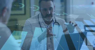 Doktor mavi klasörü alıyor, sağlık verilerini canlandırılmış görüntülerle açıklarken işaret ediyor. Tıbbi, danışma, analiz, veri, teknoloji, profesyonel, sağlık