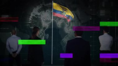 İş ekibi komuta merkezine giriyor, dönen dünya ve durum çubuklarıyla güncellemeleri izliyor. Şirket, takım çalışması, teknoloji, yenilik, analitik, küresel, veri