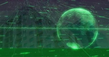 Çapraz akıntılar içeri akıyor, parçacık küre şekilleniyor ve nabız atıyor, dijital dünyayı gösteren dalga biçimi. Futuristik, teknoloji, veri görselleştirme, dijital arayüz, soyut, yenilik, siber