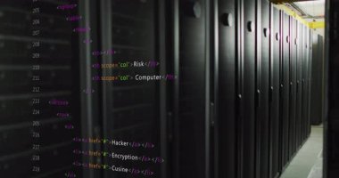 HTML yükleme koridorunda kaydırma ve sunucu rafları üzerine güvenlik konuları eklenir. Siber güvenlik, veri merkezi, ağ, teknoloji, dijital, altyapı, koruma