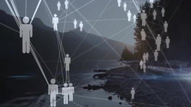 Alacakaranlık gölü simgesi açılıyor, soluyor, biçimlendirilmiş simgeler ağ oluşturan çizgilere bağlanıyor bağlantıları gösteriyor. Teknoloji, bağlantı, dijital, ağ, yenilik, iletişim, soyut