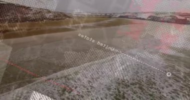 Uçan İHA kıyısı sönen nokta haritalarını başlatıyor, kırmızı kümeler titreşiyor verileri görselleştiriyor. Hava, kıyı şeridi, okyanus, manzara, görselleştirme, teknoloji, veri