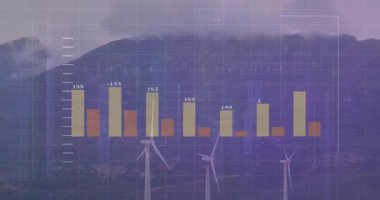 Tablo üzerinde görünen çubuklar yukarı doğru hareket ediyor rüzgar türbinlerinin arkasında veri eğilimlerini görselleştiriyor. Yenilenebilir enerji, sürdürülebilirlik, bilgi, manzara, teknoloji, çevre