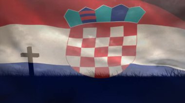 Rüzgâr Hırvat bayrağını dalgalandırıyor, silah ceketini değiştiriyor ve haç siluetinin üzerinde parıldıyor. Vatanseverlik, vatanseverlik, ulusal, sembolizm, gelenek, miras, hareket