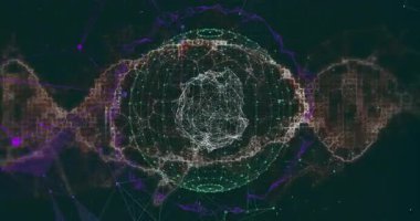 Küre etrafında parlayan halka, dinamik veri akışını temsil eden kurdele dalga biçimi ekvator şeklinde titreşiyor. Fütürist, dijital, soyut, teknoloji, görselleştirme, bağlantı, ağ