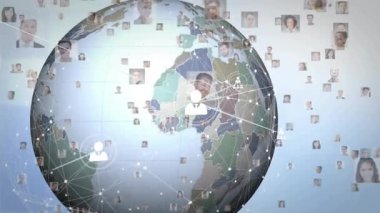 Senegal yakınlarında ortaya çıkan kullanıcı simgesi küresel ağı gösteren kullanıcıları birbirine bağlayan 3 boyutlu dünyayı döndürüyor. Coğrafya, bağlantı, teknoloji, fütürizm, dijital, ağ, yenilik