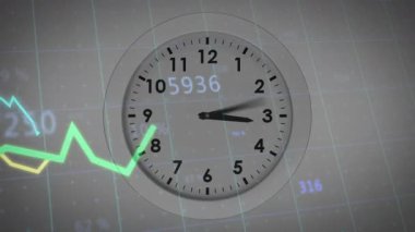 Yeşil grafik girdikten sonra saat, şebeke üzerinde salınan çizgiler veri dalgalanmasını gösteriyor. Teknoloji, analitik, finans, görselleştirme, veri, dijital, yenilik
