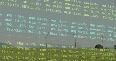 Veri şebekesi sahaya düşüyor, rüzgar türbinleri yatırım eğilimlerini izleyen değişen yüzdeleri gösteriyor. Yenilenebilir, sürdürülebilirlik, teknoloji, gelecek, manzara, dijital, yenilik