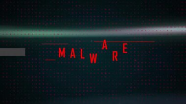 MALWARE başlık çerçeveleme tehdidine kayan kırmızı parçaları gösteren ara yüzü duraklattıktan sonra. Siber uzay, dijital, geleceksel, teknoloji, güvenlik, şifreleme, siber saldırı