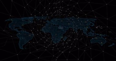 Şebeke dönüşleri, harita ana hatları kayboluyor, veri simgeleri ortaya çıkıyor ve nabız atıyor, küresel veri akışını temsil ediyor. Teknoloji, bağlantı, siber alan, veri görselleştirme, dijital ağ, küresel iletişim, fütürist