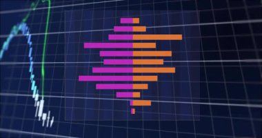 Fiyat mumları hareket ederken çubuklar histogram oluşturmaya başlıyor ve çizgiler yüzdeleri gösteriyor. Veri görselleştirme, finansal konsol, analitik, dijital sanat, hisse senedi analizi, ticaret teknolojisi, neon parıltısı