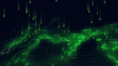 İkili yağmur düşüşü, piyasa verilerini görselleştirmek için yeşil üç boyutlu dalga şeması çizelgesini başlatır. Dijital, veri, görselleştirme, teknoloji, analitik, fütüristik, yenilik