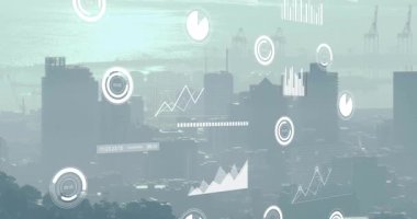 Ufuk çizgisinin açılışında, veriler gerçek zamanlı şehir metriklerini görselleştirir, doldurur ve kaydırır. Kentsel, teknoloji, analitik, veri, modern, ufuk çizgisi, dijital