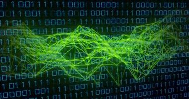 Başlangıçta neon yeşil ağ ortaya çıkıyor, ipek kayması, basamaklar gerçek zamanlı verileri görselleştiriyor. Fütürist, dijital, soyut, görselleştirme, teknoloji, siber, hareket