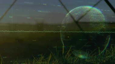 Veri bandı çimlerin üzerinde atarken parçacıklar veri akışlarını gösteren küre oluşturuyorlar. Futuristik, teknoloji, yenilik, dijital, soyut, veri görselleştirme, ağ