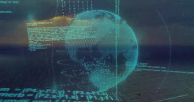 Günbatımı denizinin üzerinde uçan dijital küre kod kayıyor, dönüyor, veri gönderiyor. Gelecekçi, yenilikçi, teknoloji, bağlantı, görselleştirme, dijital, veri