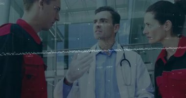 Doktor, tıbbi brifingi başlatmak için eldivenli elini kaldırıyor. Karşılık verenler panoyu inceliyor. İşbirliği, takım çalışması, profesyonellik, iletişim, acil durum, hastane, modernizasyon