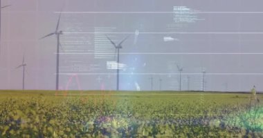 Sarı alanda kaybolan veri örtüleri, ışın tarama türbinleri, performansı gösteren metrik güncellemeler. Yenilenebilir enerji, dijital teknoloji, fütüristik, sürdürülebilirlik, çevre, veri görselleştirme, manzara