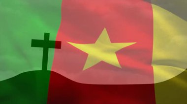 Başlangıçta kamerun üç renkli bayrağı dalgalanan sarı yıldızla siyah çapraz tepe boyunca dalgalanır. Vatanseverlik, ulusal, sembolizm, hareket, animasyon, grafik, soyut