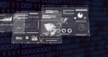 Karanlık ikili kod matrisi görünen paneller kayarak birleştirerek görselleştirme için torpido gözüne yerleştiriliyor. Teknoloji, veri görselleştirme, arayüz, analitik, dijital, geleceksel, ağ